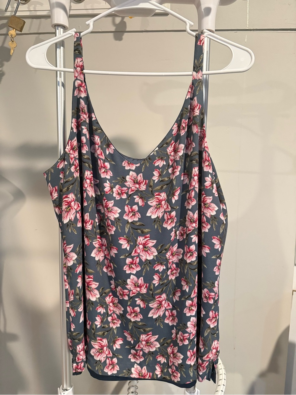 Reversible Tank Top - Pink Floral on Blue Slate, reverse side Solid Blue Slate